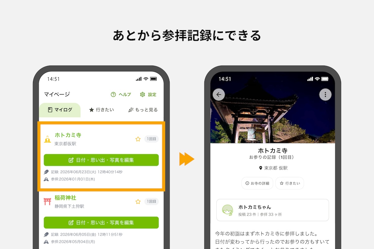 「行った」記録にあとから写真と文章を追加して参拝記録にできることを示した画像